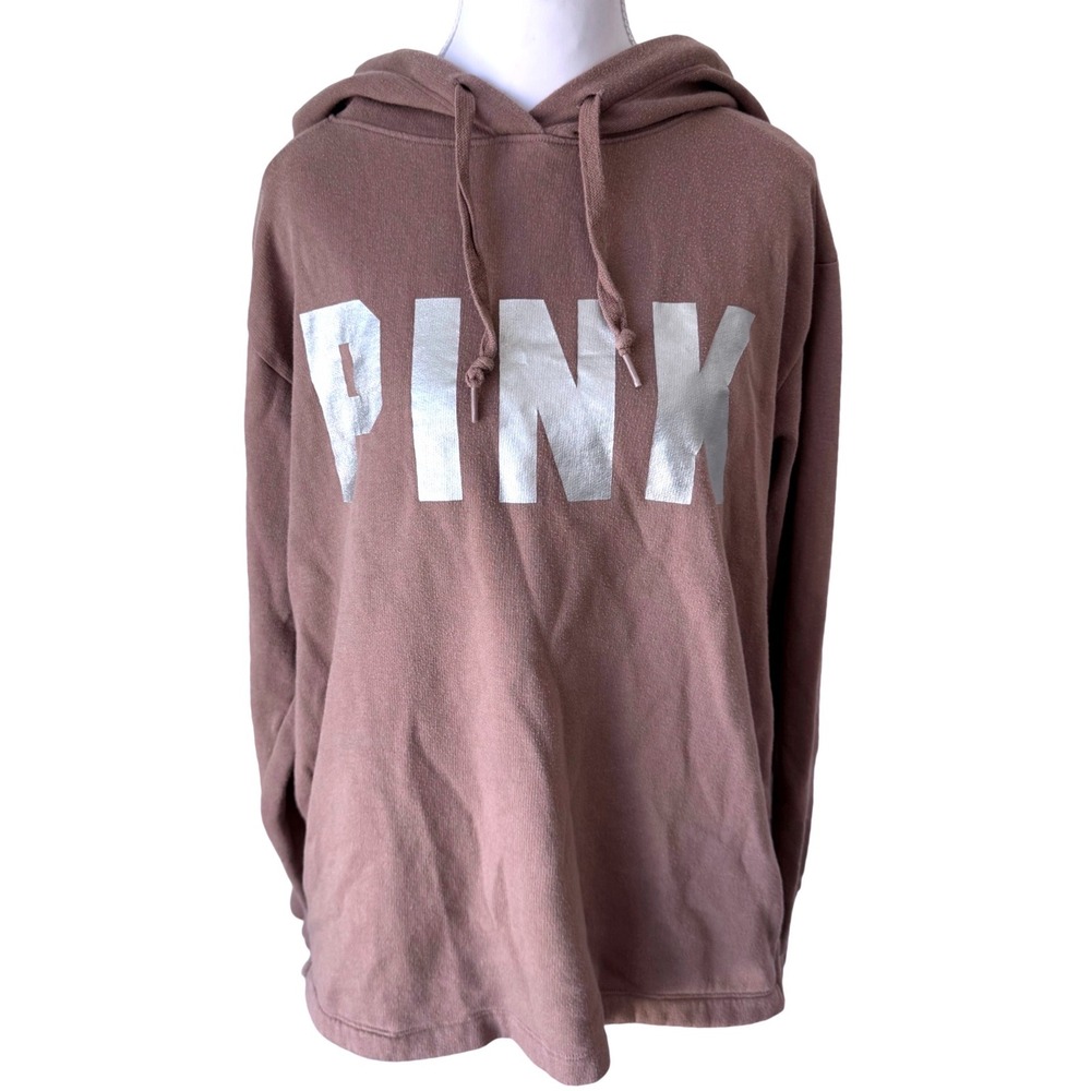PINK Victoria's Secret Mauve Taupe Silver Foil Logo Pullover Hoodie Small